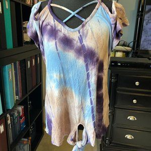Tie Dye, Cold Shoulder Tie Front Top - XL
